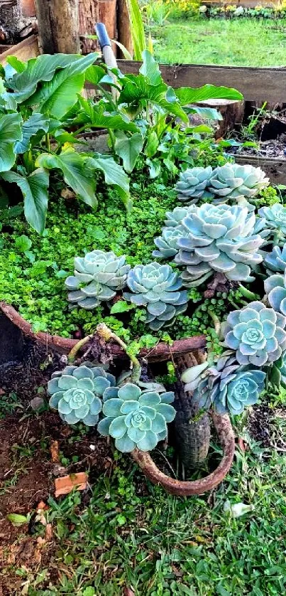 Succulent plants in a lush garden with vibrant greens.