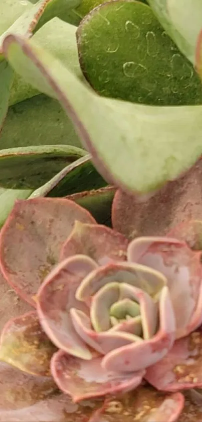 Close-up of a succulent with muted pink and green leaves in soft focus.