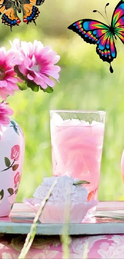 A garden scene with flowers and butterflies, featuring pink and green tones.