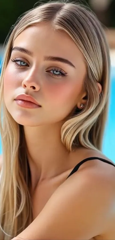 A serene summer portrait by the poolside with a calming blue background.