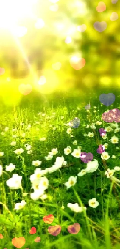 Sunlit meadow with white flowers and green grass under a tree.