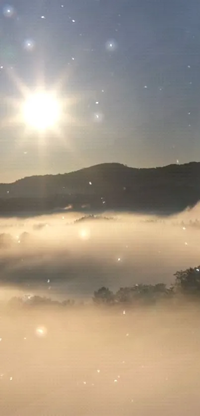 Sunlit mist over a serene valley with bright sun and clear blue sky.