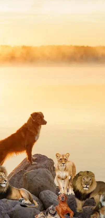 Animals gathered by a lake during a serene sunrise with golden hues.