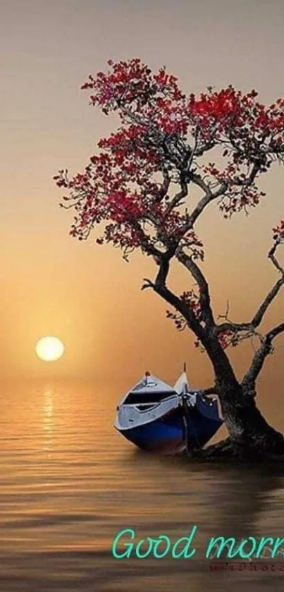 Serene sunrise with a boat and tree on calm water.