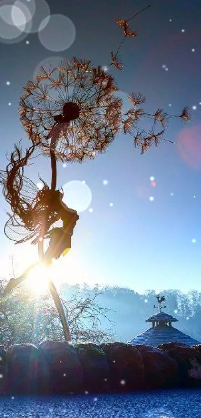 Sunrise with dandelion sculpture in tranquil setting.