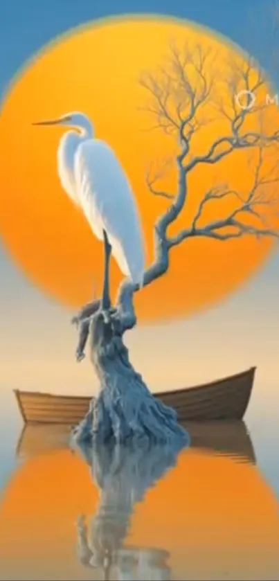 Egret perched on tree against an orange sunrise over water.