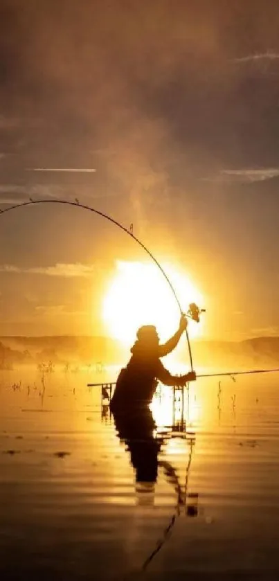 Silhouette of a fisherman at sunrise over calm golden waters.