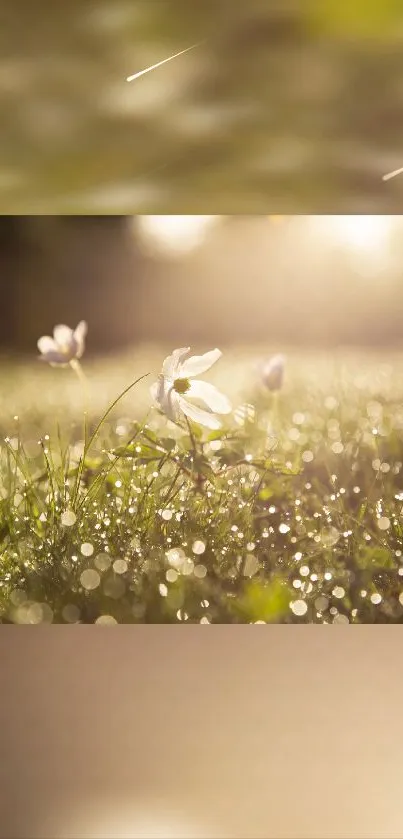 Delicate white flowers in a dewy field at sunrise with golden sunlight.