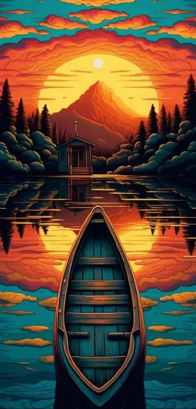 Illustrated sunrise over a lake with vibrant colors and a mountain backdrop.