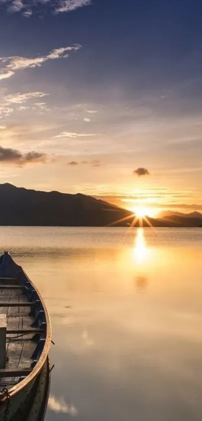 Serene sunrise over a lake with a boat reflecting golden hues.