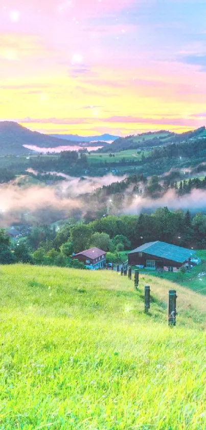 Scenic sunrise over green fields and misty hills, perfect for mobile wallpaper.