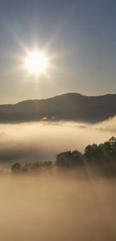 Serene sunrise over misty mountain landscape with soft sunlight.