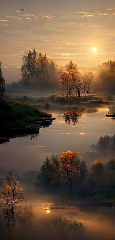 Sunrise over a calm river with trees reflecting in the water.