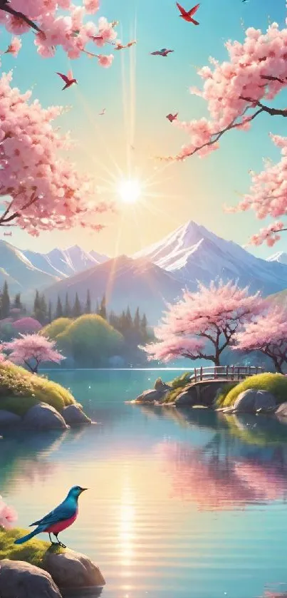 Cherry blossom trees at sunset with a lake and mountains.