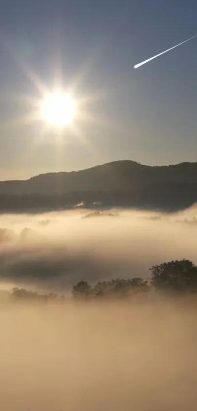 Serene sunrise over misty hills with meteor shower in calm landscape.