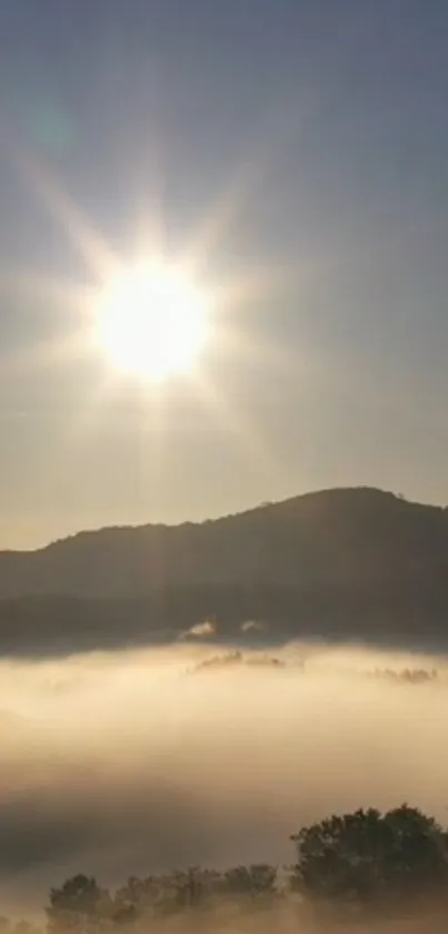 Sunrise over misty hills with fog and glowing sun in a tranquil landscape.