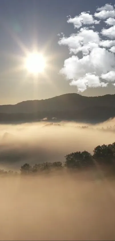 Serene sunrise with misty hills and fluffy clouds.