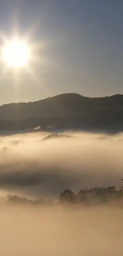 Sunrise over misty mountains with golden hues.