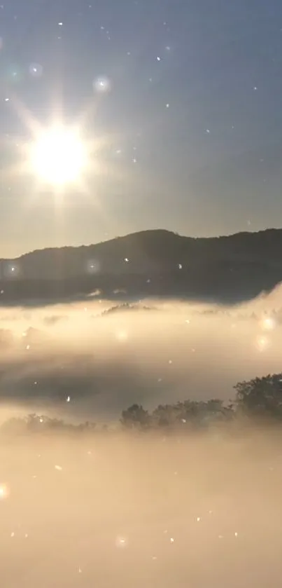 Serene sunrise over misty mountains with glowing sun and light specks.