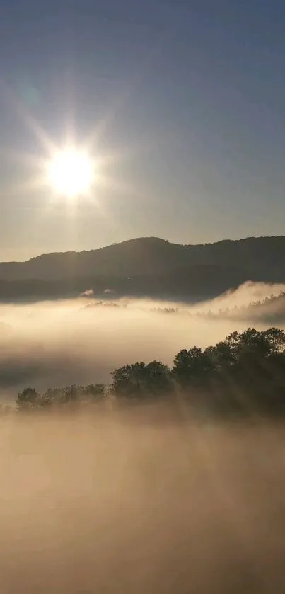 Sunrise over misty mountains with golden rays of sun.