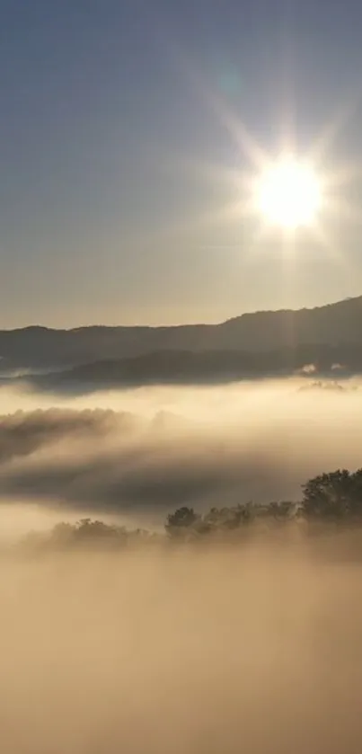 Serene sunrise over misty mountains with golden light.