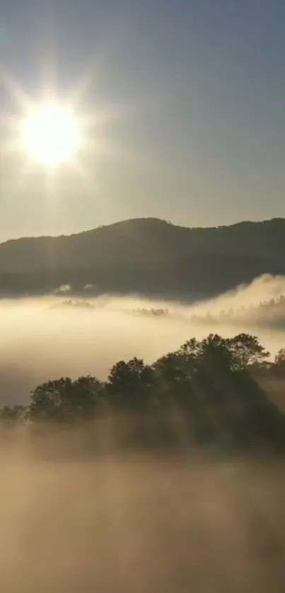 Sunrise over misty mountains with a bright sky and soft light.