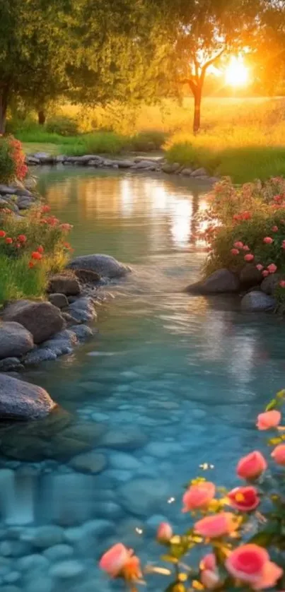 Peaceful sunrise over a garden river with vibrant flowers and greenery.