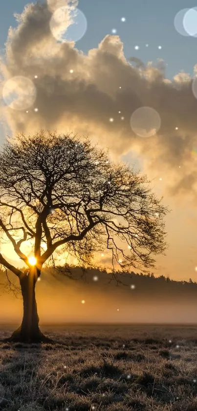 Solitary tree at sunrise with golden sky and misty landscape.