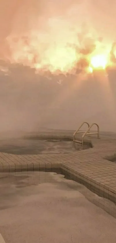 Misty sunrise over serene pool background.