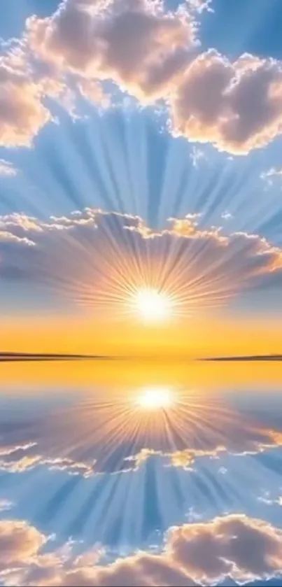 Beautiful sunrise reflected in calm water with clouds.