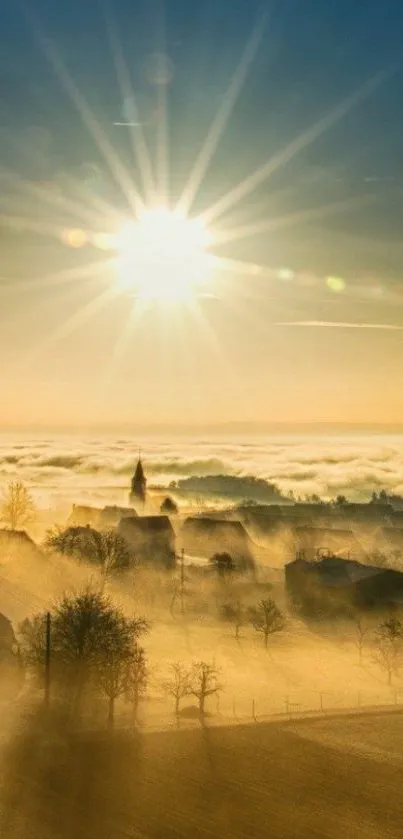 Serene sunrise over a misty village with golden hues.