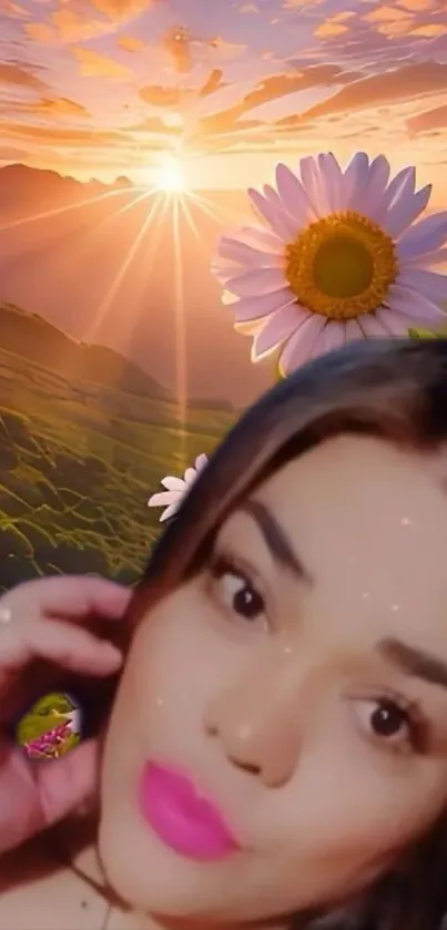 Sunrise over hills with daisies and a human portrait.