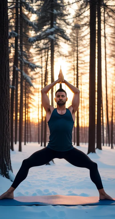 Person practicing yoga in snowy forest at sunrise.