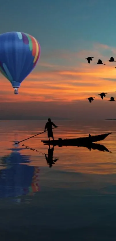 Sunset scene with hot air balloon, silhouette fisherman, and birds over water.