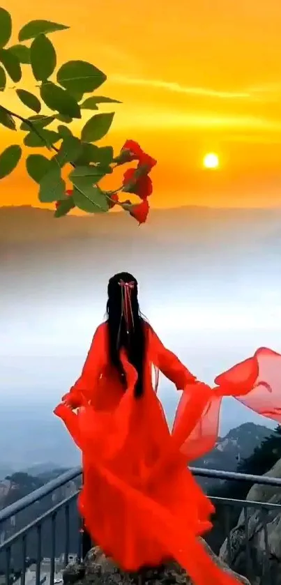 Silhouetted figure in red attire gazing at an orange sunset.