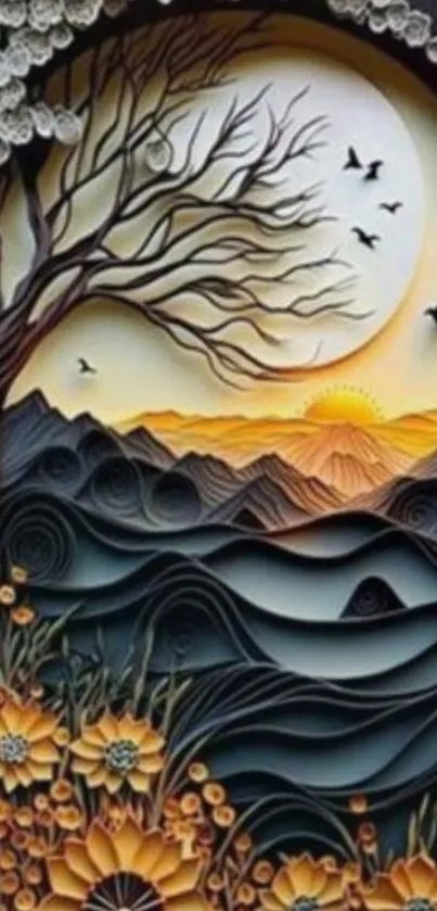 Intricate surreal sunset landscape with vibrant colors and details.