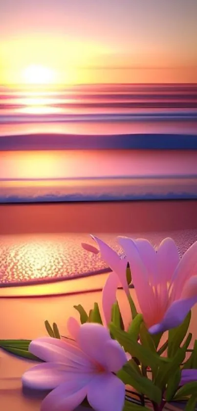 Serene sunset over a beach with pink flowers in the foreground.