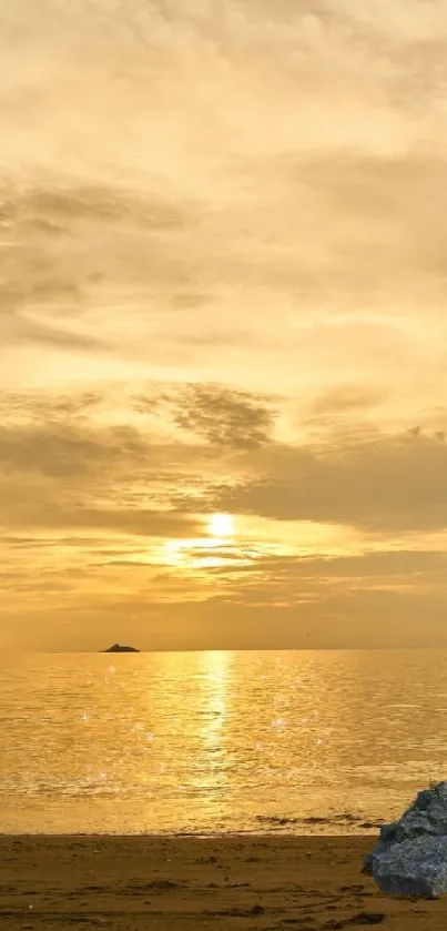 Silhouette on beach at sunset with golden sky.