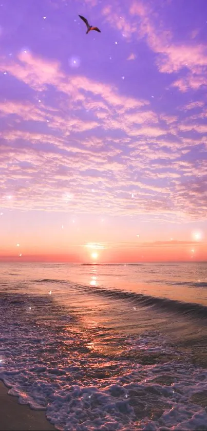 Beautiful sunset beach with purple skies and a flying bird.