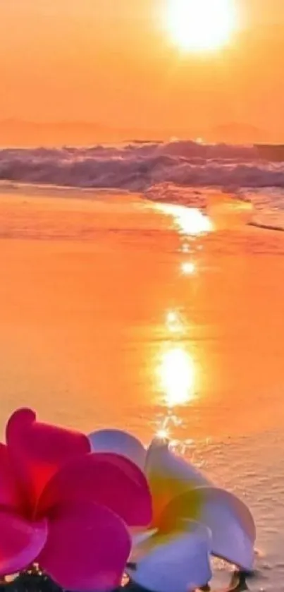 Serene beach at sunset with vibrant flowers.