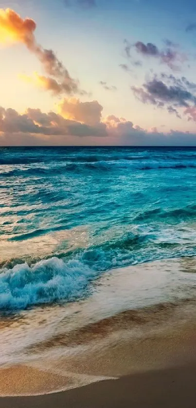 Tranquil sunset over a serene beach with ocean waves and colorful sky.