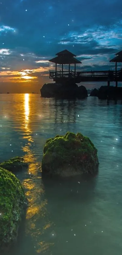 Serene sunset with beach view and vibrant blue ocean.