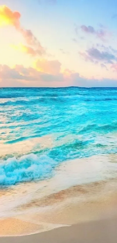 Serene sunset beach with blue ocean waves and pastel sky.