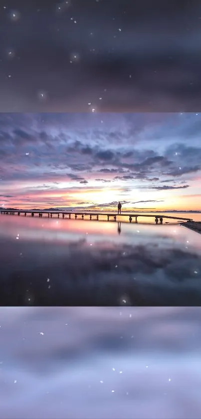 Serene beach sunset with reflective water and pastel sky.