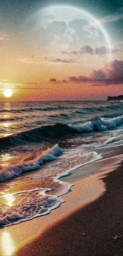 Beautiful sunset over a beach with waves and a rising moon.