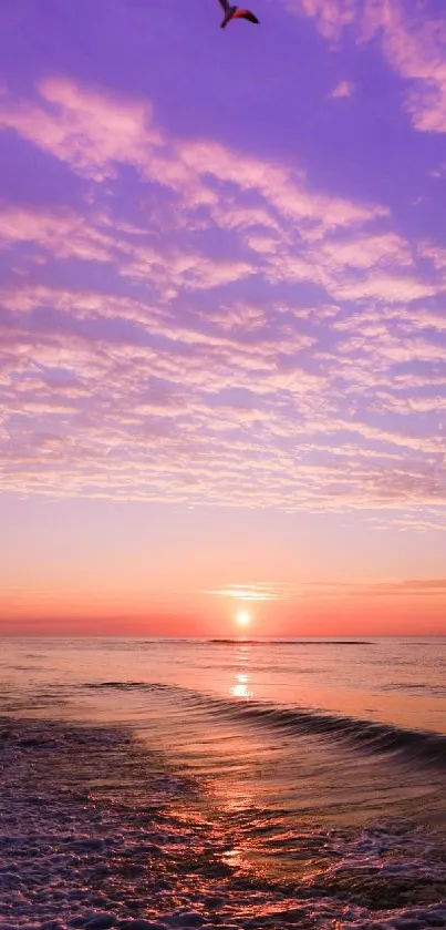 Serene sunset over the ocean with purple sky and gentle waves.