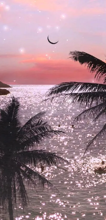 Tropical sunset wallpaper with palm silhouettes and crescent moon.