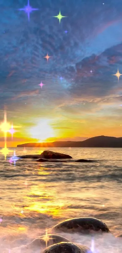 Vibrant sunset over a calm ocean with rocks in the foreground and a dynamic sky.