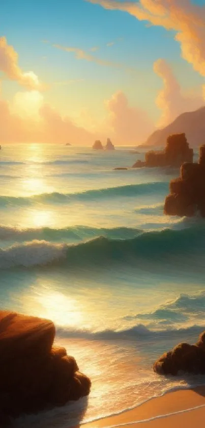 Sunset beach wallpaper with waves and rocky cliffs under a golden sky.