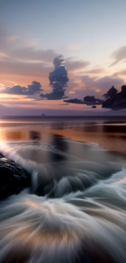 Serene beach at sunset with flowing waves, rocks, and colorful sky.